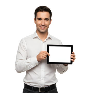 Portrait of handsome smiling man using a tablet computer. - Powered by Adobe
