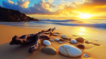 A collection of pebbles and driftwood on a beach at sunset
