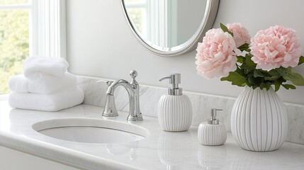 A bright bathroom sink counter with decorative mirrors, soap dispensers, and flower vases.
