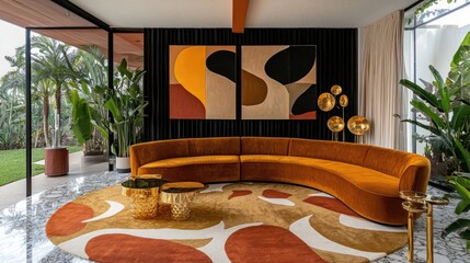 A chic living room with a curved sofa, a bold abstract-patterned carpet, and gold accents.
