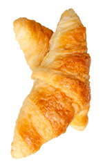 Top view of two brown or golden croissants in cross shape in stack isolated with clipping path in png file format