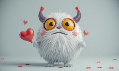 Naklejka premium Cute monster character holding heart, surrounded by hearts, expressing love and joy. Perfect for Valentine Day themes and playful designs
