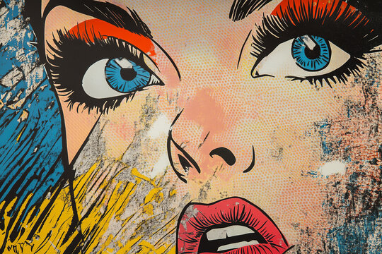 The image is a colorful, stylized illustration featuring exaggerated eyes and lips, reminiscent of pop art