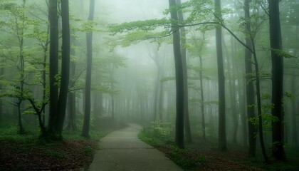 Fototapeta premium Foggy forest path surrounded by tall trees and greenery