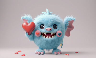 Cute blue monster holding red heart, surrounded by heart shapes, expressing joy and love. Perfect for Valentine Day themes and children illustrations