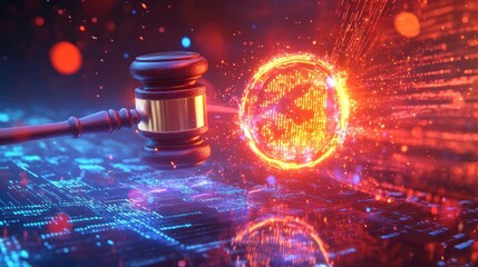 Cyberjustice Gavel strikes digital globe, circuit background
