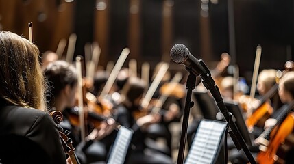 A close-up of a microphone stand in focus with blurred performers in the background.