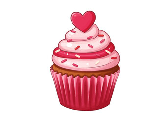 Valentine Cupcake Clipart. A cupcake with pink frosting, heart topper, and sprinkles. Vector illustration design.