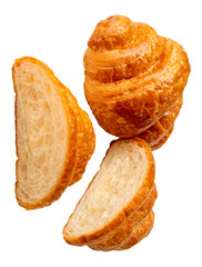 Top view set of single brown or golden croissant with two halves in stack isolated on white background with clipping path