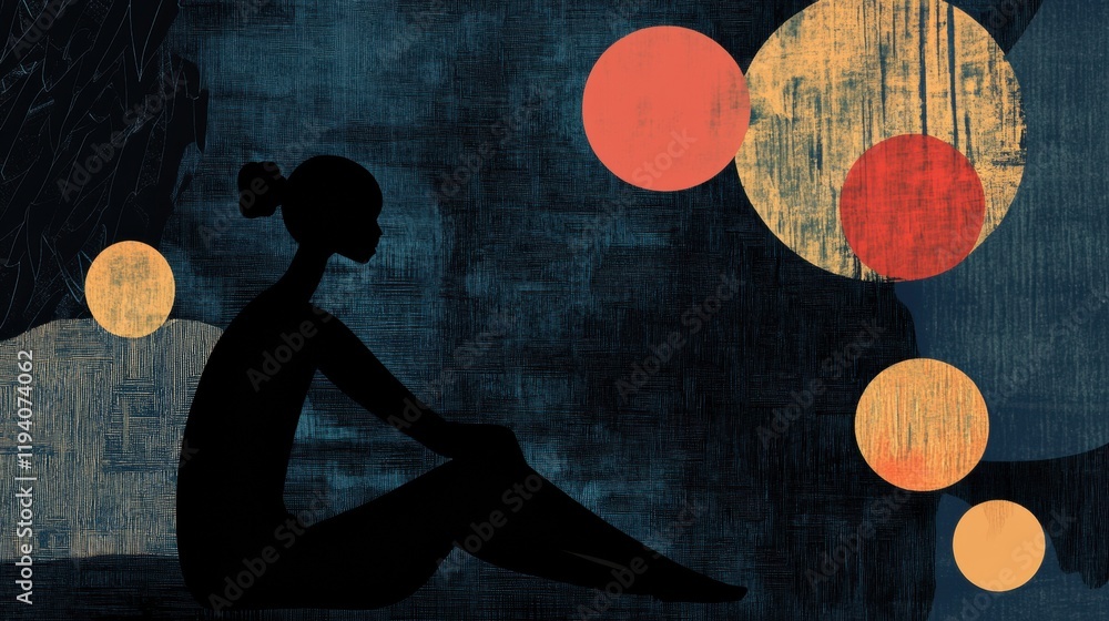 Fototapete person seated in shadow with abstract representations of mental turmoil in a quiet, introspective se