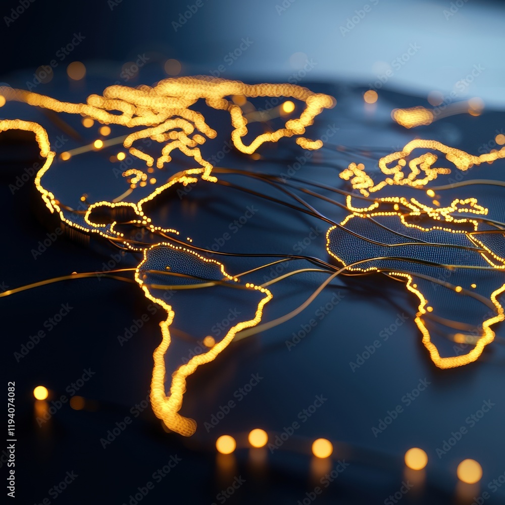 Poster economics gdp analysis concept. a glowing map of the world created with illuminated lines on a dark 