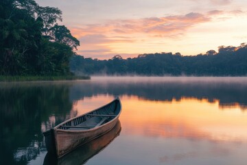 Serene Canoe on Calm Water at Sunrise in Lush Tropical Forest
