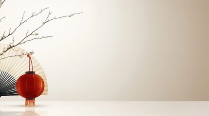 Elegant Japanese Decor with Lantern, Fan, and Blossom Branch on Minimalistic Background