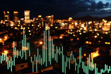 economics GDP analysis concept. Abstract urban skyline with glowing city lights and a digital waveform overlay at night.