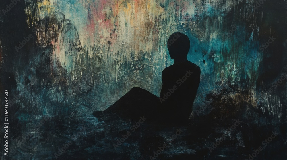 Aufkleber Person sitting in shadow surrounded by abstract elements reflecting inner turmoil at dusk. Generative AI