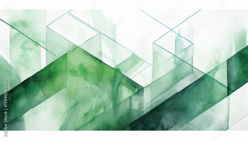 Poster geometric pattern on white background primarily with green tint in watercolor style.