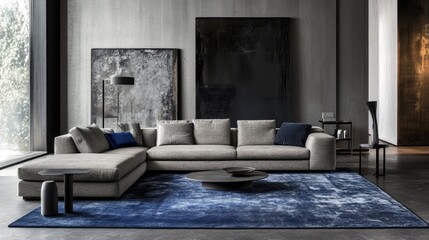 A compact living room with a gray sofa, a blue area rug, and sleek, minimalistic decor.