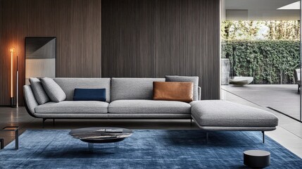 A compact living room with a gray sofa, a blue area rug, and sleek, minimalistic decor.