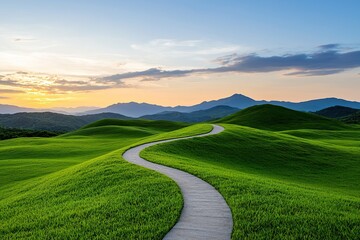 goal of life concept A winding path through lush green hills under a colorful sky during sunset, evoking tranquility and connection with nature.