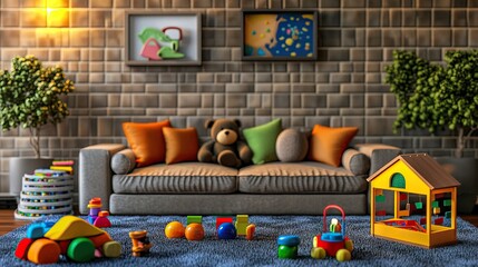 A cozy family living room with a large sofa, a soft carpet, and kids' toys scattered around.