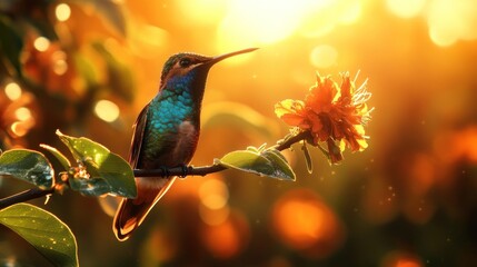 Obraz premium Hummingbird sunset garden perch floral bokeh nature