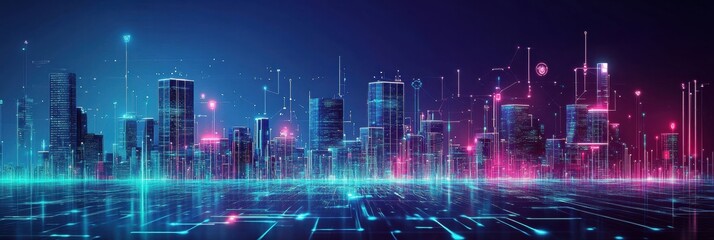 Fototapeta premium Vibrant cityscape at night featuring glowing skyscrapers and neon lights in a futuristic urban environment. Generative AI