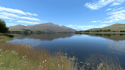 Serene Lakeside Mountain View Under a Summer Sky
