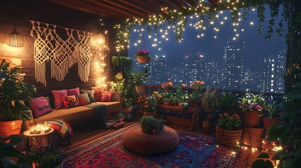 A stylish boho balcony garden with cascading plants in macramé hangers, vibrant pots, woven furniture, and fairy lights creating a serene nighttime ambiance, ultra-detailed, hd quality. --ar 16:9