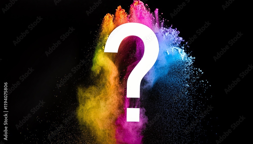 Poster a vibrant question mark is surrounded by a colorful explosion of powder against a dark background, c