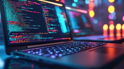Colorful Code on Laptop Screen with Blurred Lights in Background