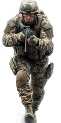 Fototapeta premium A Close-Up of a Determined Soldier in Combat Gear, Kneeling and Ready for Action