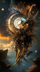 Fototapeta premium Cosmic Clockwork: A Steampunk Spacecraft Journey
