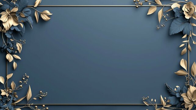 Elegant floral border design with gold accents on a blue background, perfect for invitations and stationery.