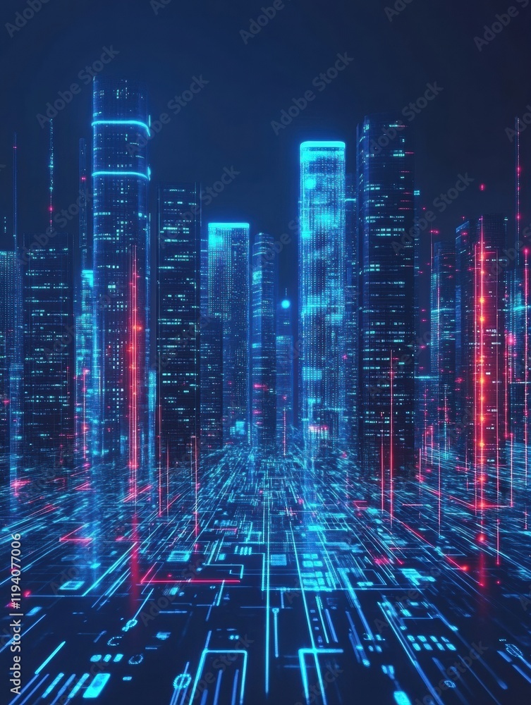 Poster glowing skyscrapers illuminate the night cityscape with vibrant neon lights and digital elements for