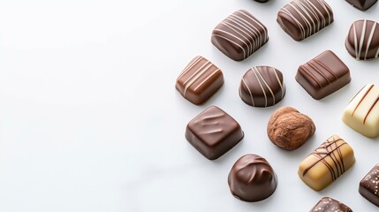 Fototapeta premium Assorted gourmet chocolates arranged artistically on a white background, showcasing textures and designs