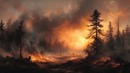 A painting of a forest fire ablaze with a fiery orange sky and dark smoke in the air