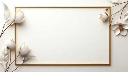Elegant white flower frame with golden accents, perfect for invitations or decorative design backgrounds. Minimalist and sophisticated style.