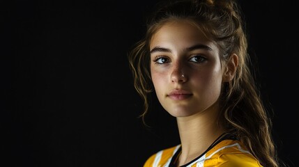 A young athlete in a sports jersey, posing against a dark background.