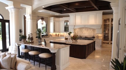 A large kitchen island in a living room setting, surrounded by elegant bar stools and a sofa.