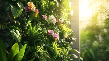 A tropical-inspired vertical balcony garden with a plant wall featuring banana leaves, ferns, and orchids, hanging planters adding layers of greenery,