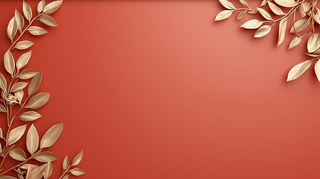 Elegant gold leaves on a vibrant terracotta background create a sophisticated, minimalistic frame perfect for design and presentations.