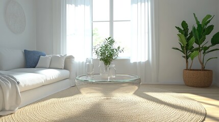 A light and airy living room with an off-white sofa, a large braided carpet, and glass accents.