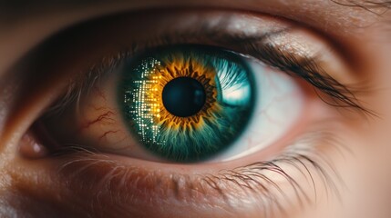 Naklejka premium Close-Up of a Human Eye with Digital Elements and Vibrant Colors