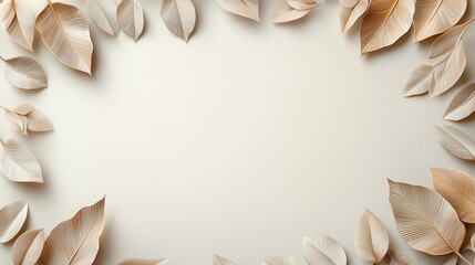 Elegant arrangement of beige and white leaves creating a natural frame on a neutral background, perfect for seasonal designs.