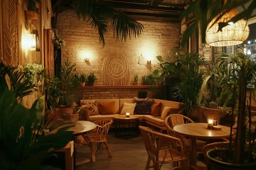 Fototapeta premium Bohemian Cafe Interior Design with Lush Plants