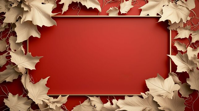 Red background framed with dried leaves, ideal for seasonal designs, offering a warm and natural autumnal theme.