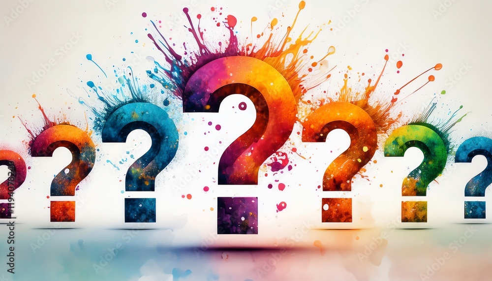 Poster a vibrant display of colorful question marks, symbolizing curiosity and creativity, surrounded by sp
