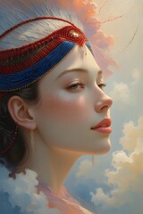 A digital portrait shows a woman with a feathered headdress set against a cloudy sky.