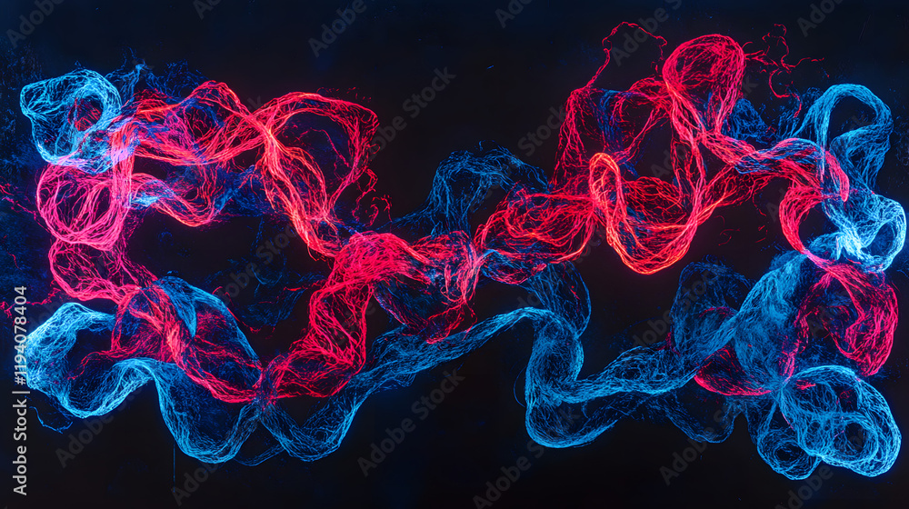 Poster an abstract scene of intertwining glowing lines in red and blue, set against a deep black background