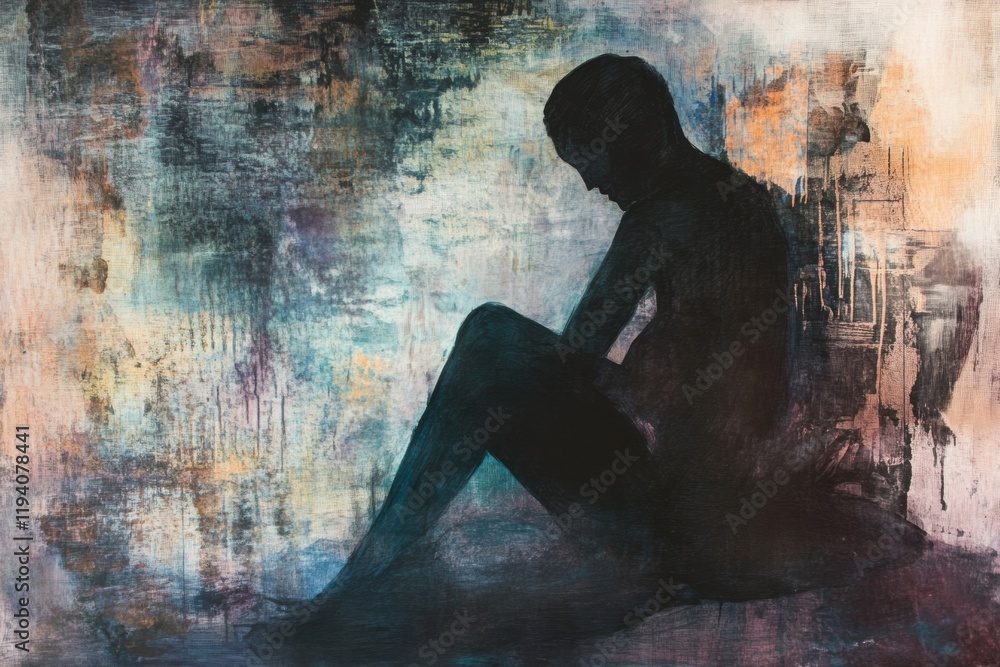 Aufkleber person seated in shadow amid abstract elements portraying mental turmoil in a contemplative moment. 